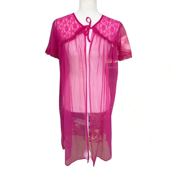 Elsie of Miami hot pink sheer nylon peignoir robe – lace yoke, flutter sleeves - Picture 2 of 8